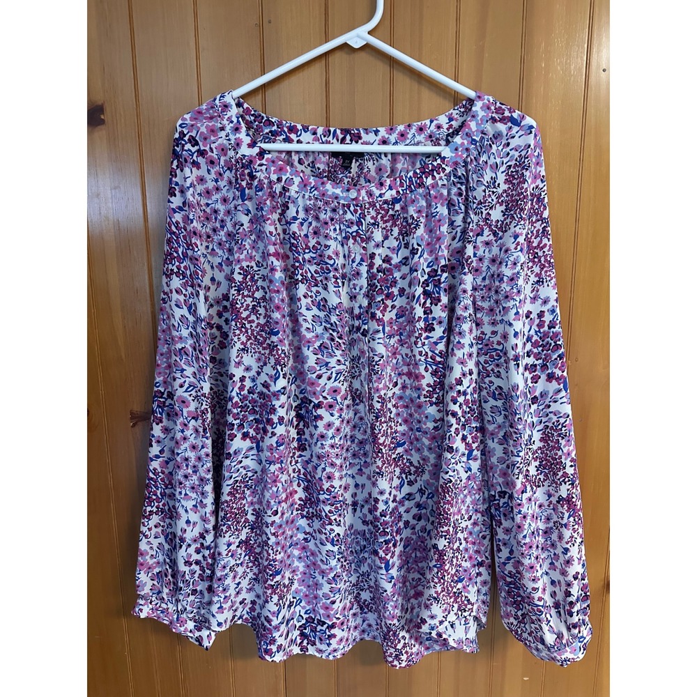 Talbots Plus Size 2X Floral Blouse Purple Cottagecore Button Front Long Sleeve